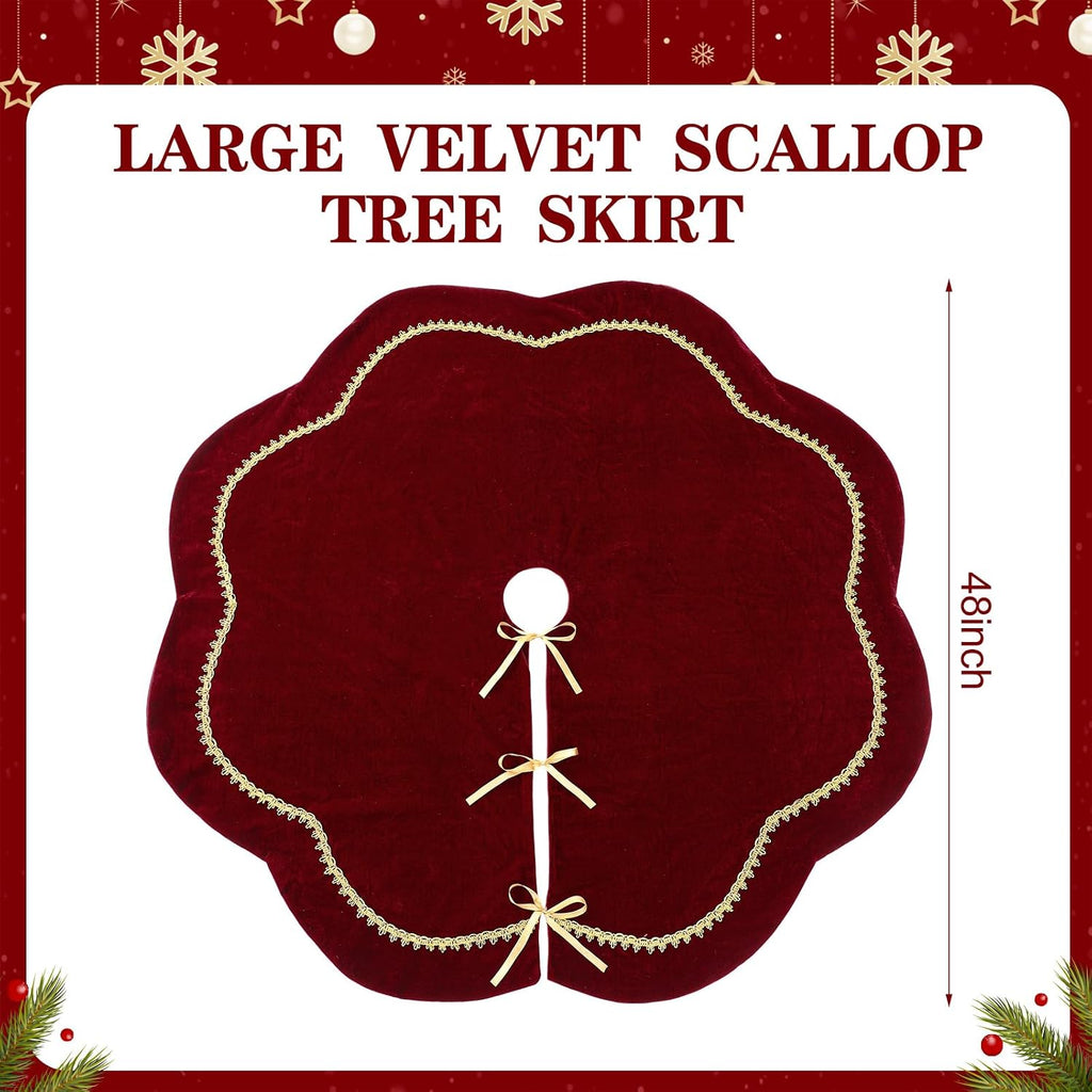 Christmas Tree Skirt Velvet Scallop Edge,48 Inch,Red