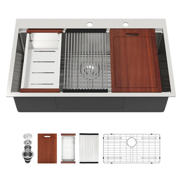 36 Inch Drop Sink - 36x22 Drop Kitchen Sink Ledge Workstation 16 Gauge Stainless Steel Sink Topmount Single Bowl Over