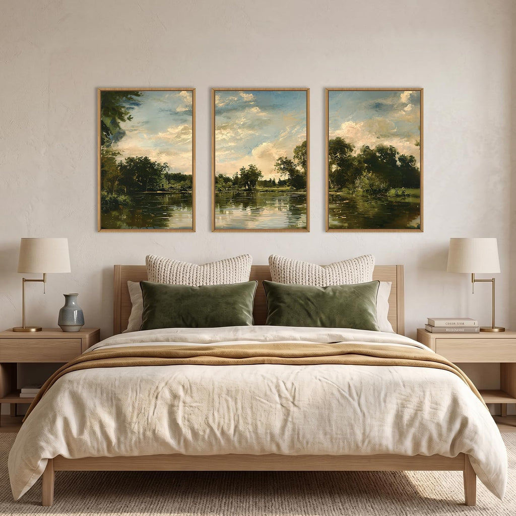 Vintage Sage Green Lake Landscape Framed Canvas Wall Art Set, Watercolor French Country Forest Wall Decor, Rustic