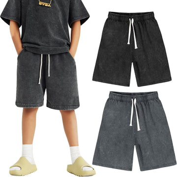 Boys Shorts Cotton Acid Washed Summer Athletic Jogger Shorts Unisex Kids Casual Loose Active Shorts with Pockets