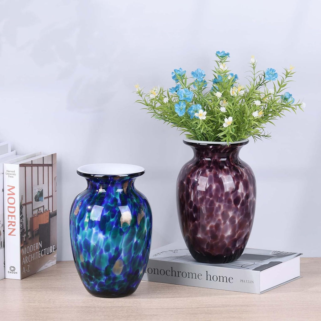 9" Purple Hand Blown Glass Vase - Murano Style Art Glass Sculpture, Stained Colorful Flower Vase for Table