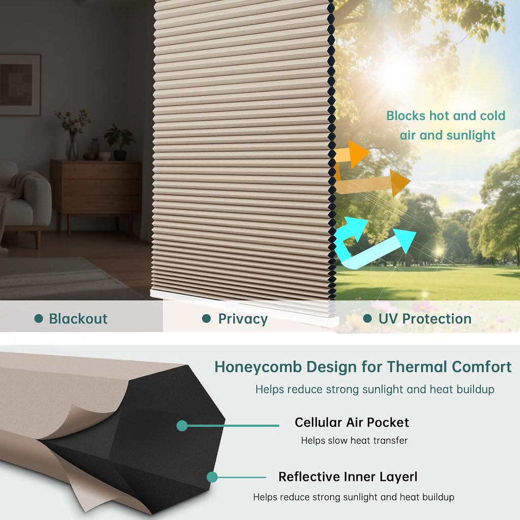 Blackout Top Down Bottom Up Cellular Shades, Cordless Honeycomb Blinds, Total Privacy, Beige