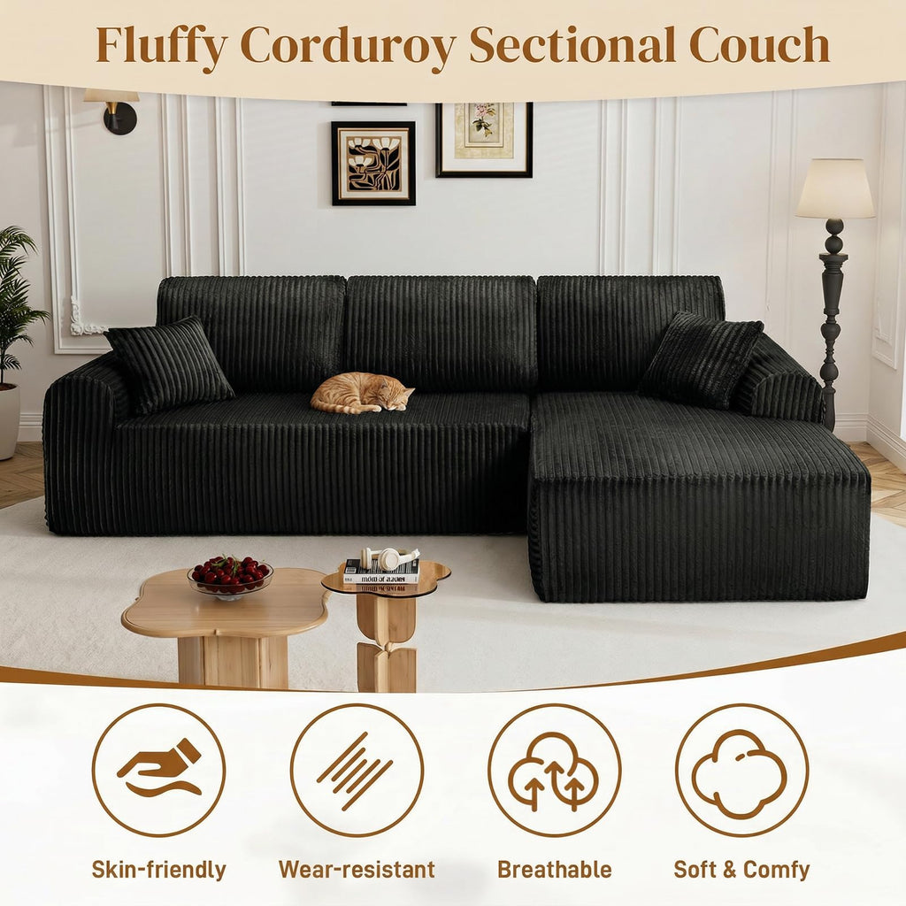 110" Boneless Cloud Sectional Couches, Comfy Fluffy L Shaped Memory Foam Deep Seat Boneless Couch, Modular Sectional