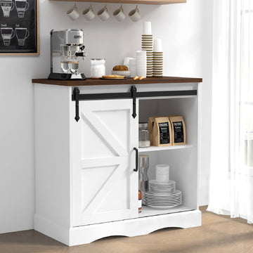 31.5" H Farmhouse Coffee Bar Cabinet w/Storage, White Kitchen Coffee Station with Sliding Barn Door, Rustic Buffet