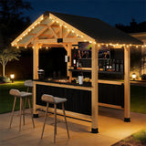 9.5' x 6.4' Outdoor Wooden Gazebo Bar Set with Galvanized Steel Roof, 3 Bar Tops, Power Strip & TV Hook