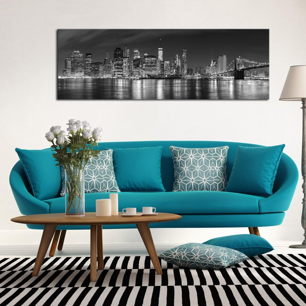 New York Manhattan Night View in Black and White Giclee Canvas Prints Modern Stretched and Framed Art work Cityscape