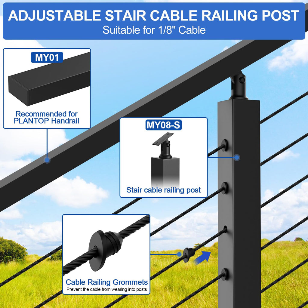 36" Black Cable Railing Post(35"x2"x2") for 25-35 Degrees Stair, Stainless Steel Adjustable Stair Post