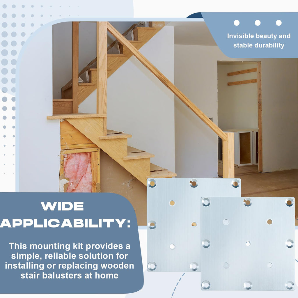 4 Sets Newel Post Fastener, Each Newel Post Mounting Kit Includes 1 Steel Plate and 13 Long Screws, Hidden Designed