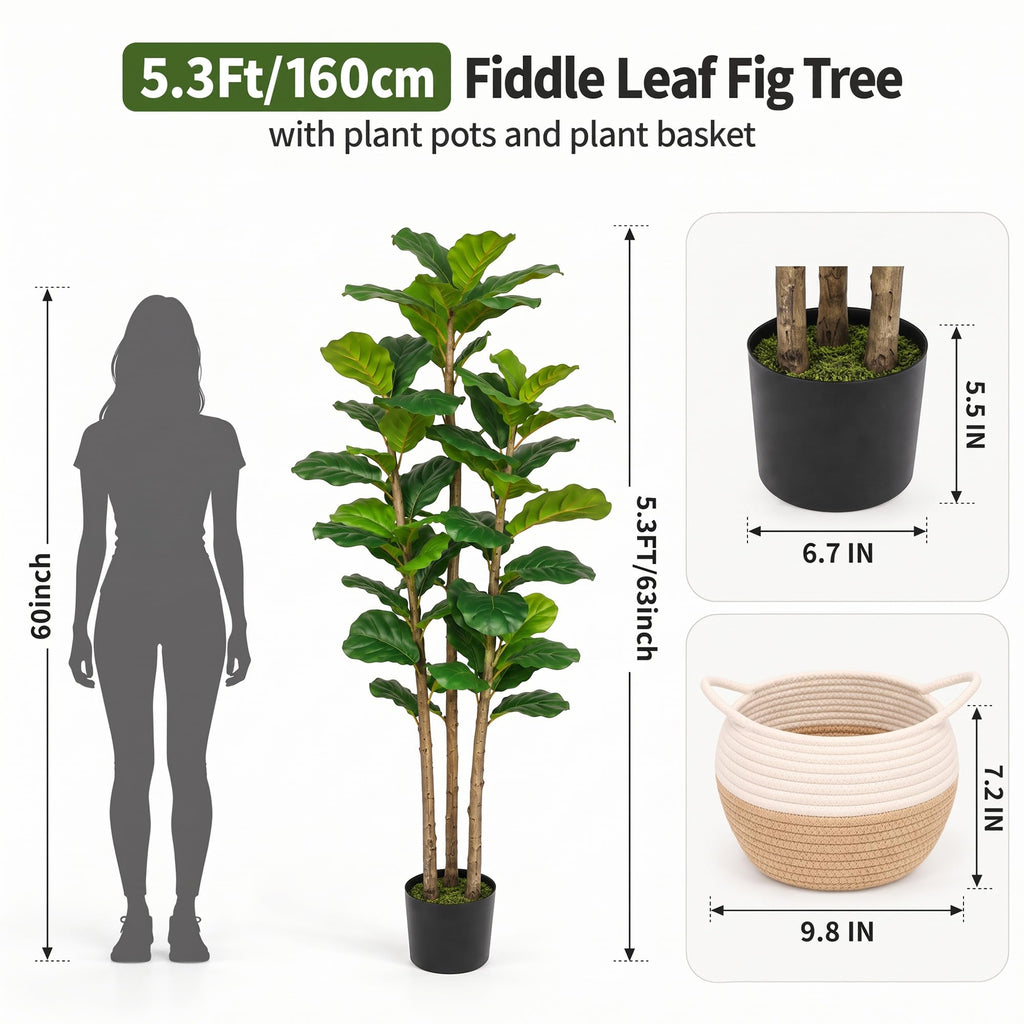 Fiddle Fig Tree Artificial 5FT Faux Trees Indoor with Planter & Basket