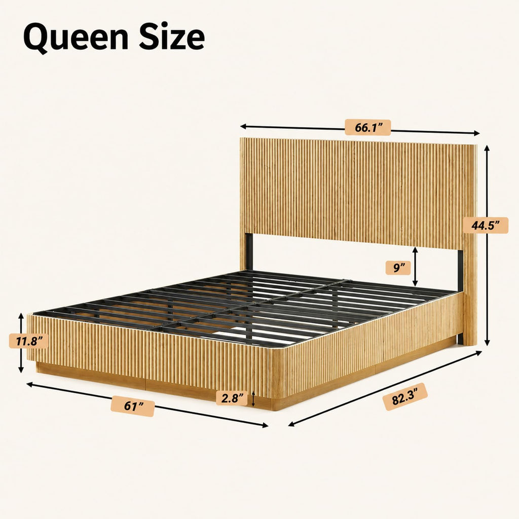 Queen Size Floor Platform Bed Frame with 44.5"h Fluted Headboard, Oak