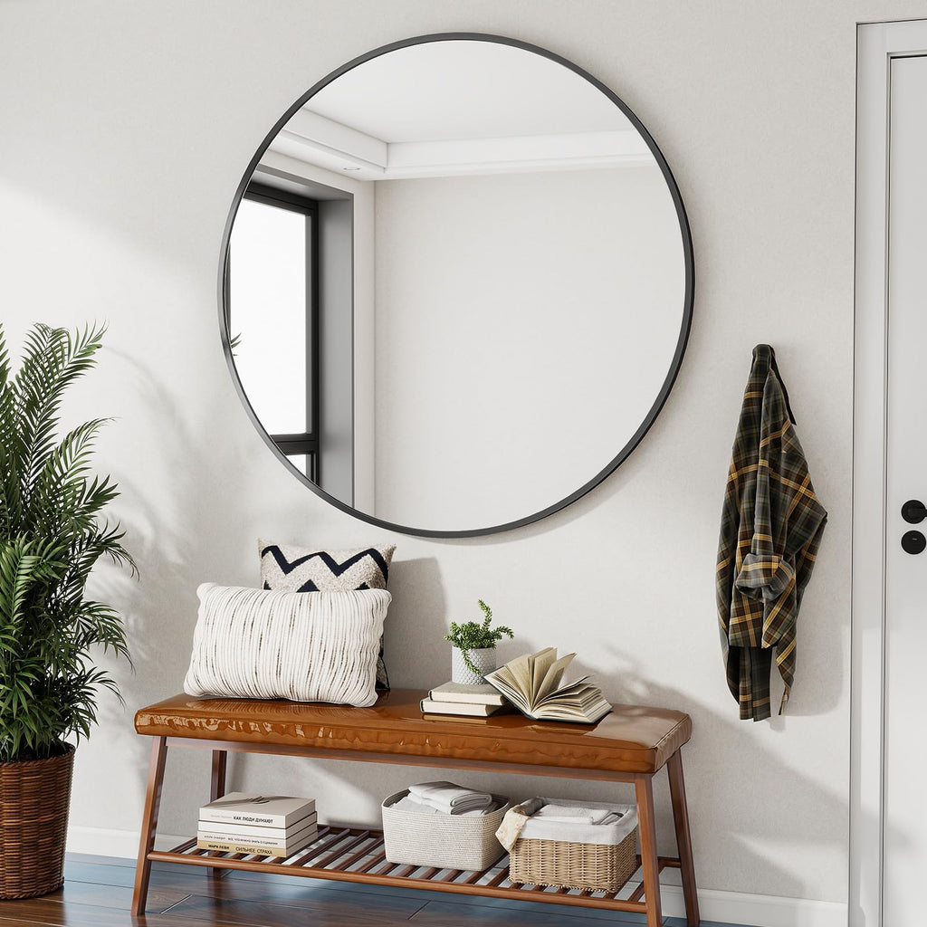 Large Black Round Bathroom Mirror 48" with Thin Metal Frame