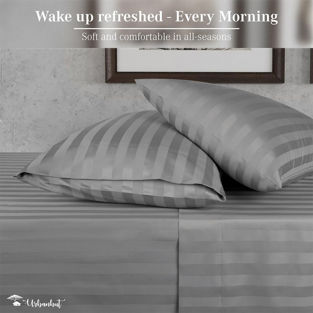 100% Cotton Damask Queen Size Sheets, 4 Piece Hotel Style Sheet Set Bed Sheet for Queen Size Bed, Sateen Weave Stripe