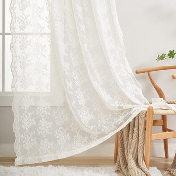 Vintage Lace Curtains 120 Inches Long-Antique Floral Ivory Privacy High Ceiling Sheer Curtain Panels Door, Large