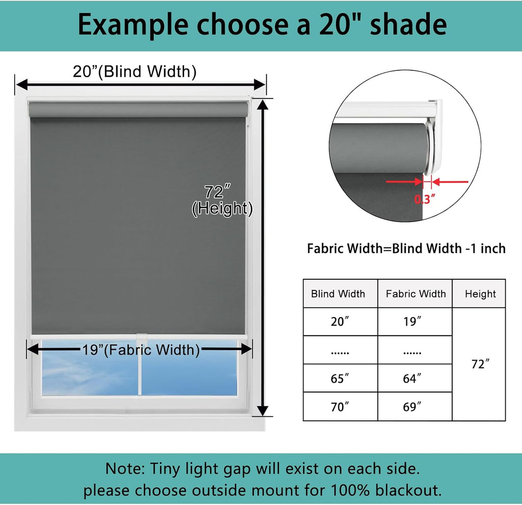 Blackout Roller Shades Cordless for Windows, 44"W x 72"H, 100% Room Darkening Window Blinds, Thermal Insulated UV Protection, Easy