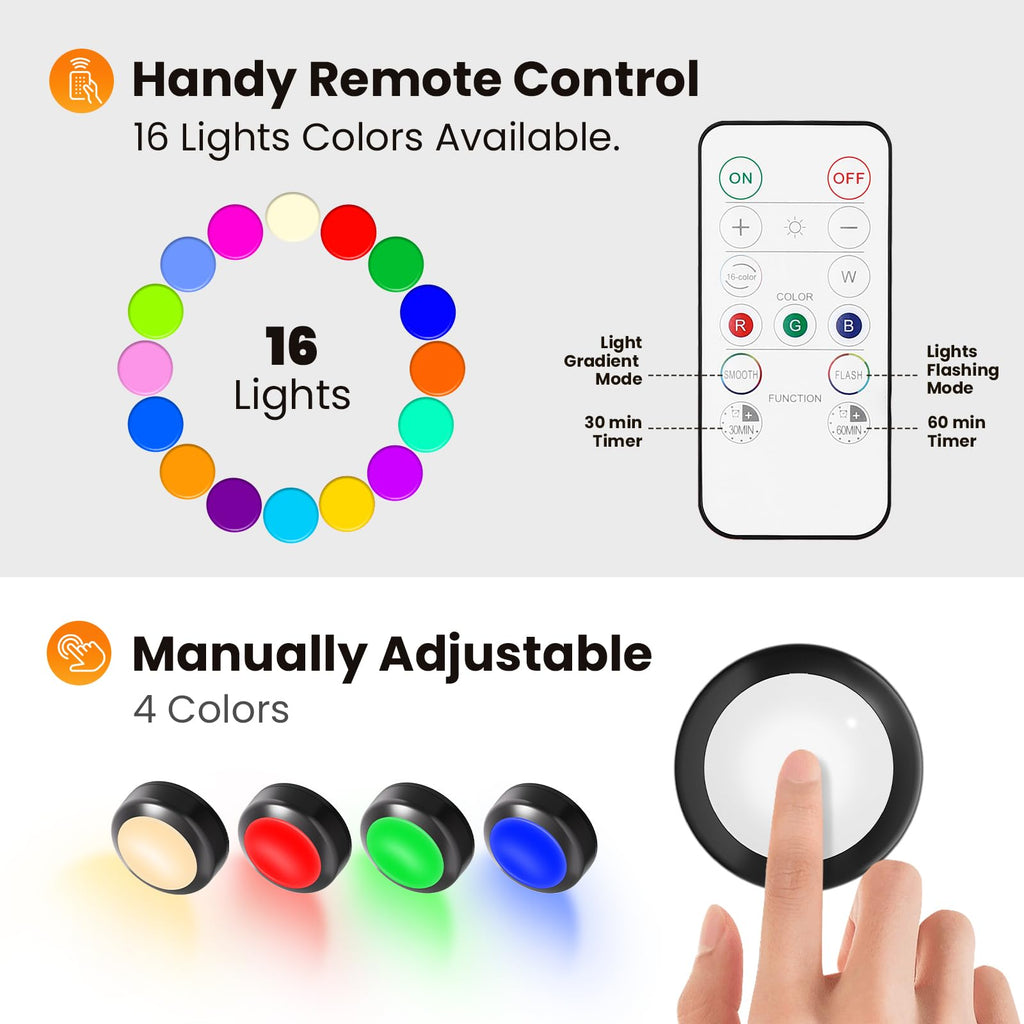 LED Puck Lights with Remote Control, 16 Color Changing Wireless Under Cabinet Lighting with Dimmer & Timer, AAA