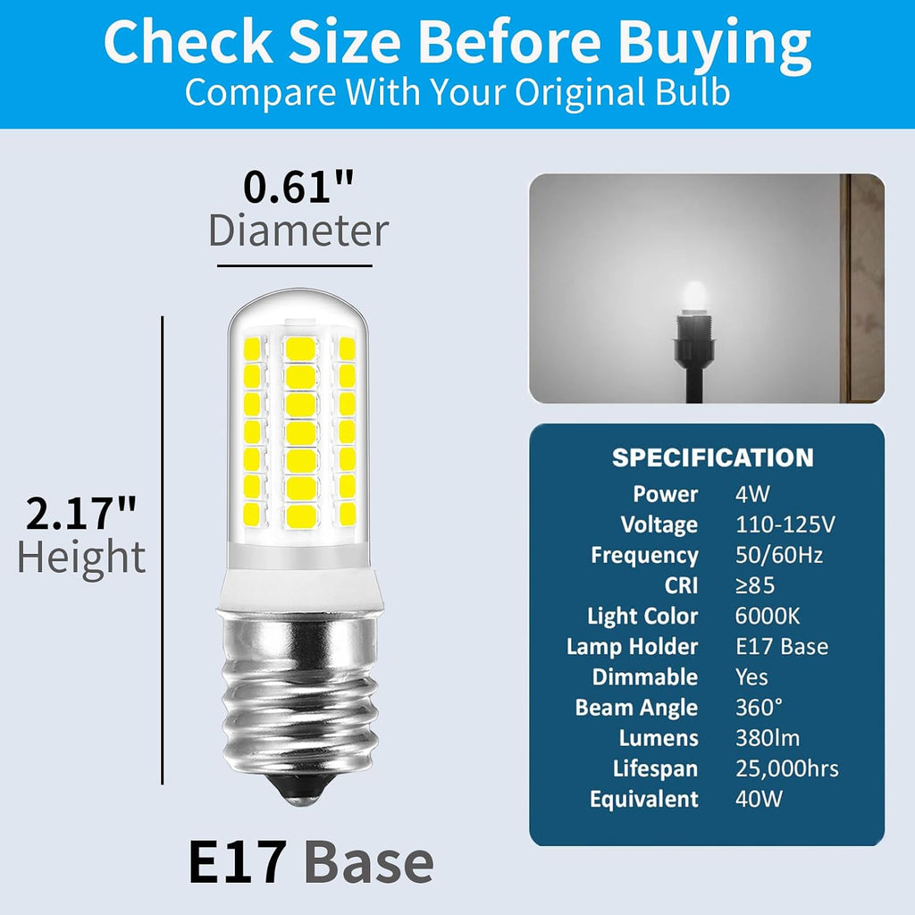E17 LED Bulb Dimmable 4W 40W Equivalent Microwave Light Bulb, 400LM, 6000K