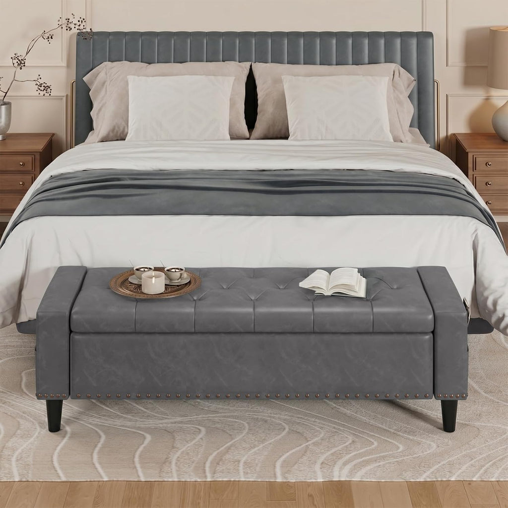 60" Storage Ottoman Bench, Faux Leather Upholstered Bed Bench, Grey | Benches with Tufted Buttons and Nailhead Trim