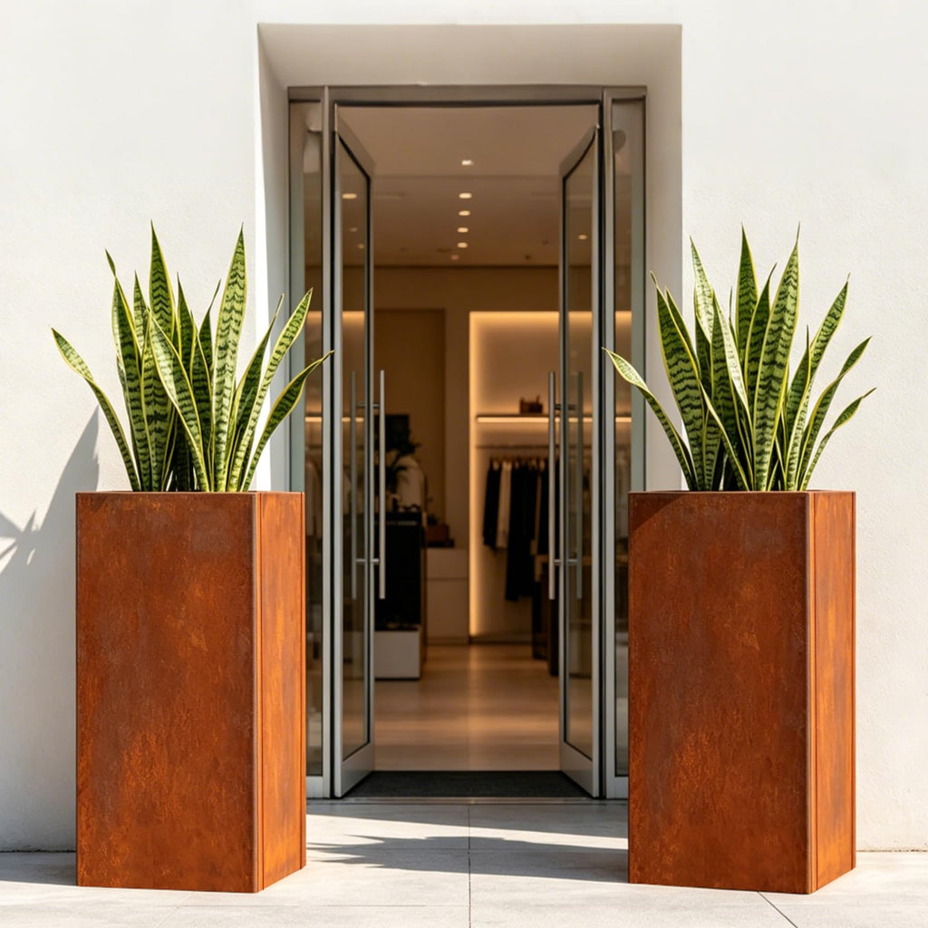 Corten Steel Tall Planter Box 14"x14"x30" Rusted Metal Spliced Planter