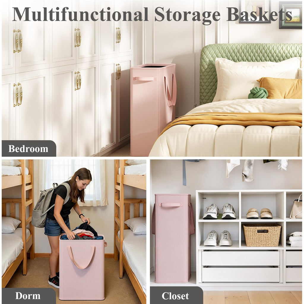 50L Pink Slim Laundry Hamper, Narrow Laundry Basket with Handles, Baby Girl Hamper, Collapsible Laundry Basket