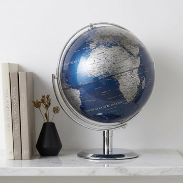 8" Blue World Globe with 720° Rotating Stainless Steel Stand for Adults - Elegant Adult Bookcase Decorative Home Desk