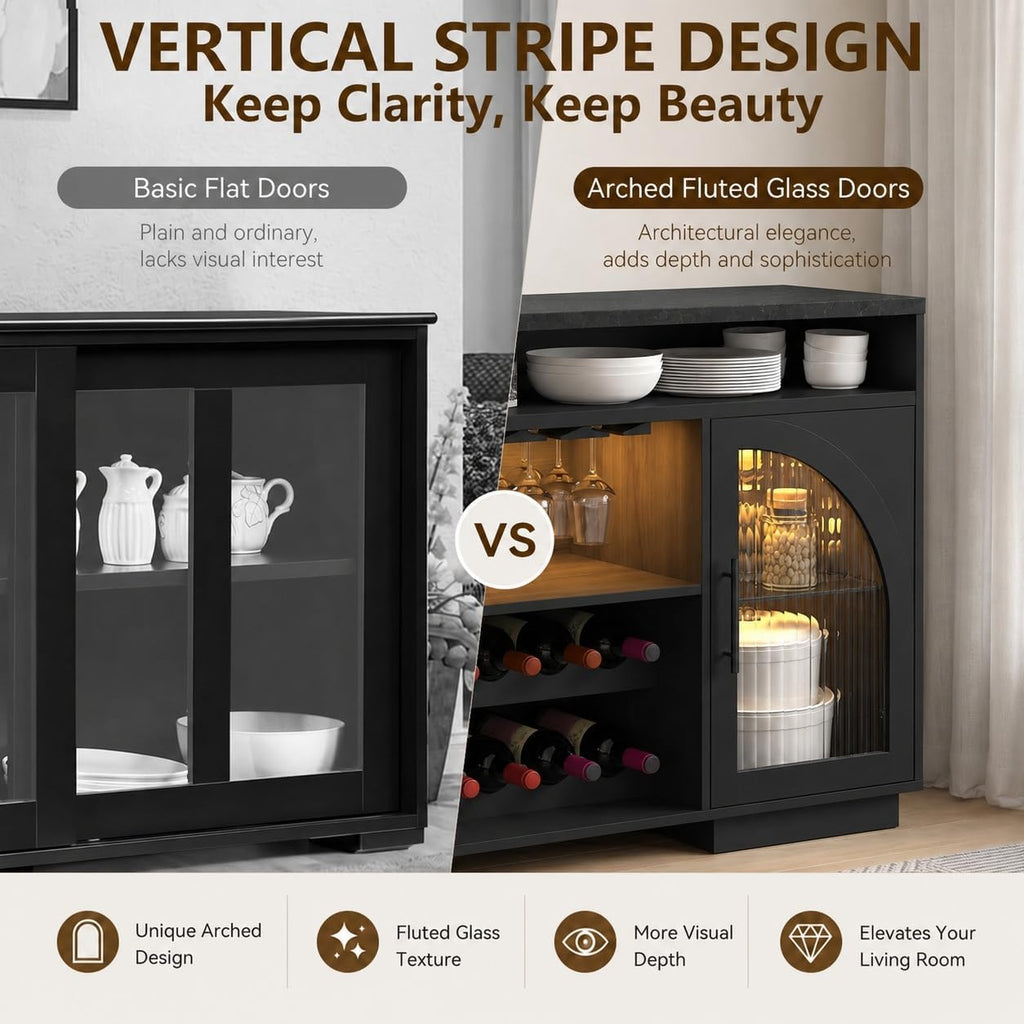 54" Coffee Bar Cabinet with Storage, LED Lights and Arched Glass Doors | Black Wine Bar Cabinet with Wine Rack and