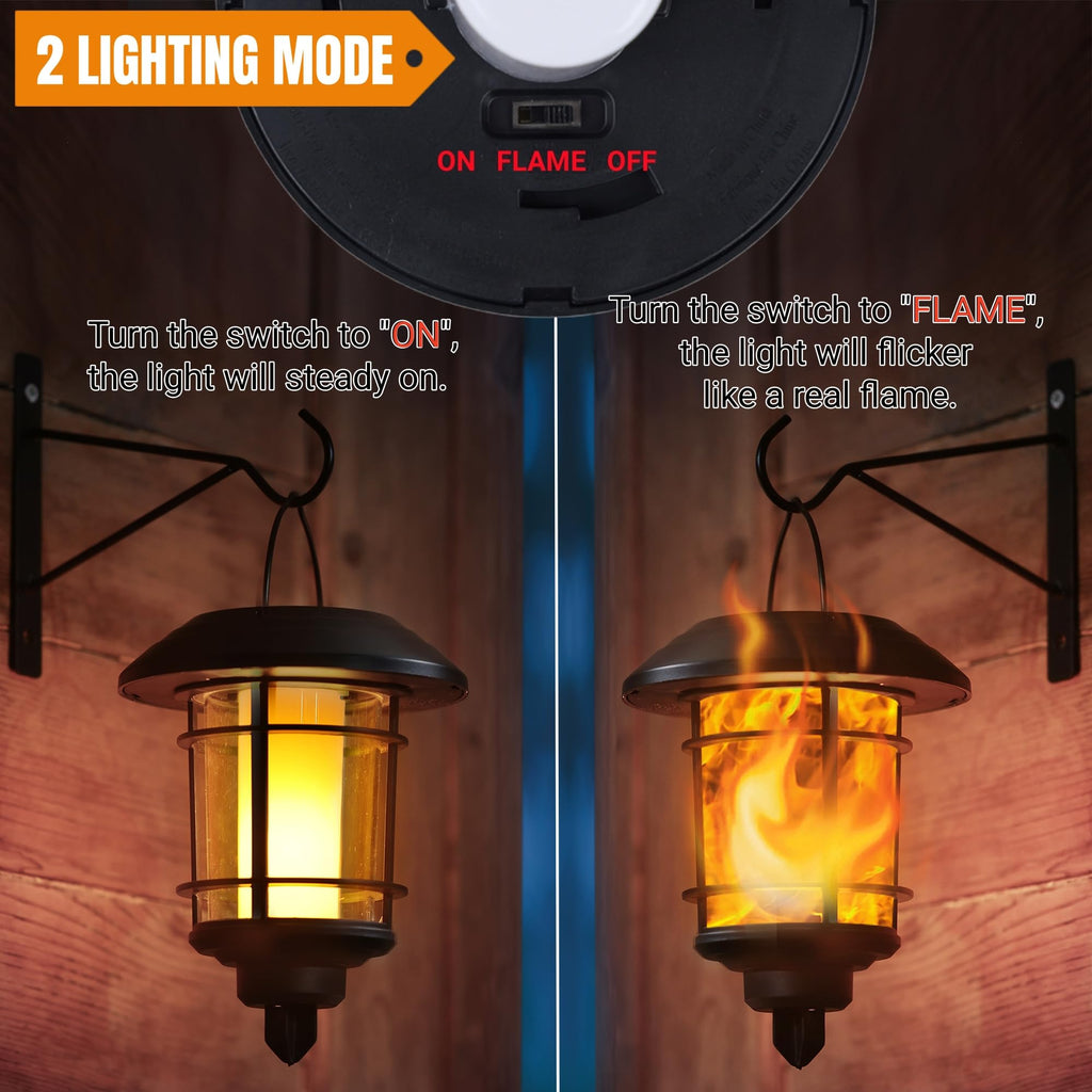 4 Pack Solar Flame Wall Lanterns Outdoor, Solar Powered Wall Mounted Sconce Lights, Flickering Flame LED Light Auto