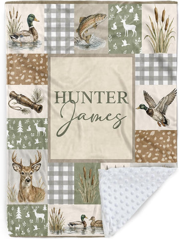 Boy Blanket with Name, Custom Minky Dot Baby Blankets with Hunting Theme, Soft Plush Crib Blanket Decor
