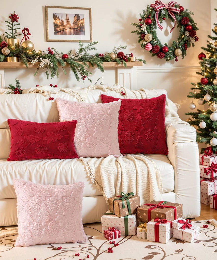 Christmas Pillow Covers 20x20 inch,Luxury Christmas Tree Faux Fur Throw Pillow Covers Red Cute Soft Plush - Set of 2