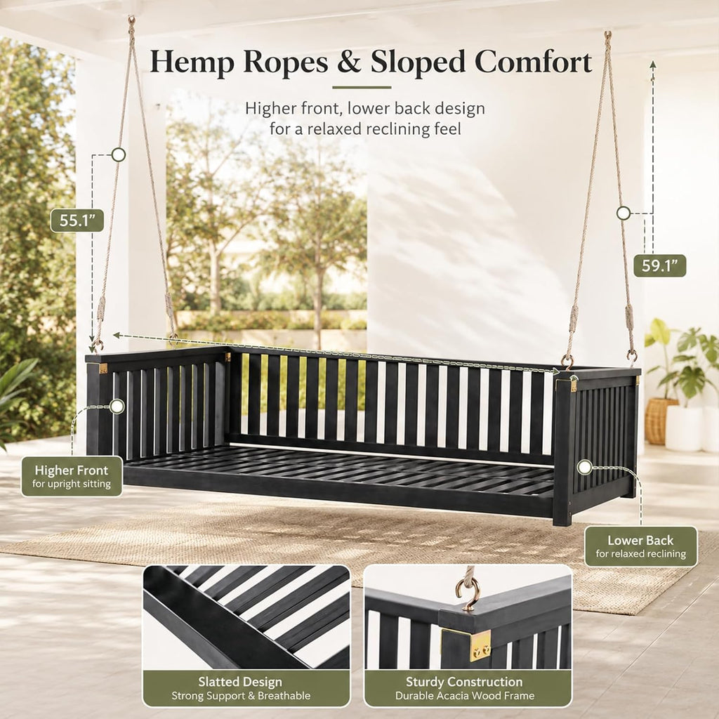 Outdoor Porch Swing Bed, Twin Size Acacia Wood Hanging Daybed with Hemp Ropes, Minimalist Patio Swing Bed for Garden