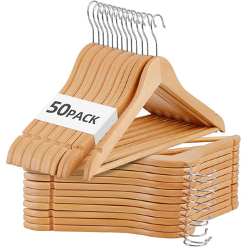 Wooden Clothes Hangers 50 Pack, Non-Slip Grooved Shoulder Coat Hanger, Slim for Shirts, Jackets, Dress, Pant