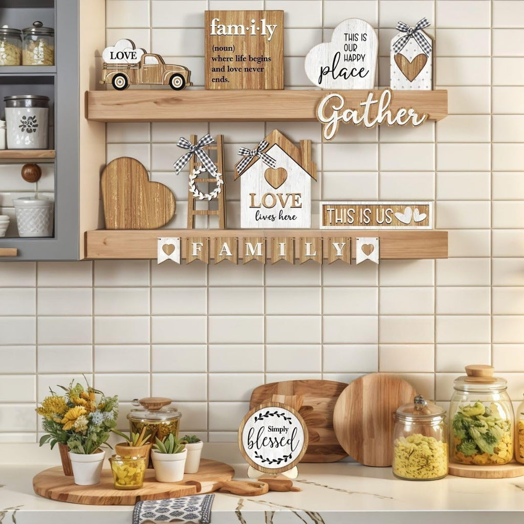 Farmhouse Tiered Tray Decor Set,Rustic Kitchen Decoration, Wooden Signboards in The Original Wood Color,Table - Set of 21