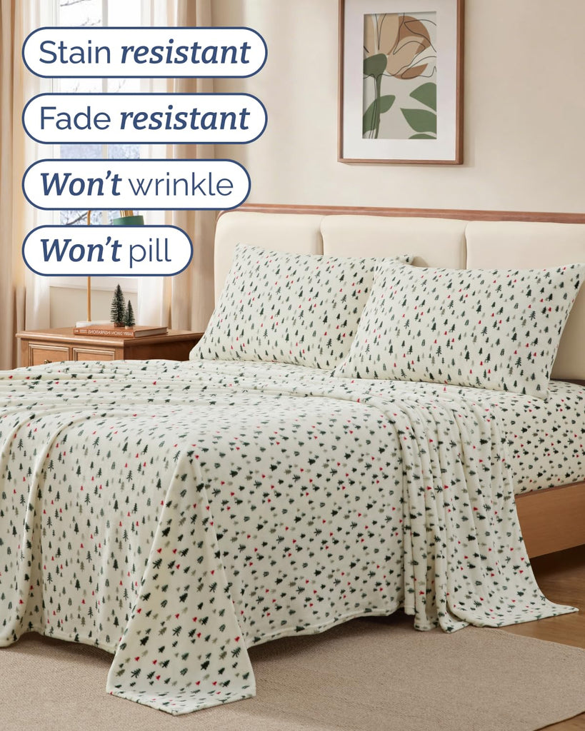 Fleece Sheets King Size Set - 4-Piece Velvet Flannel Sheet Set - Trees