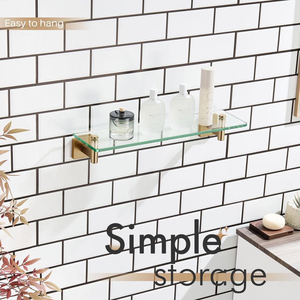 Wall Shelves Bathroom Hardware Tempered Glass Floating Shelf Hanging Rack Storage/Room Decor 20-Inch Champagne Bronze