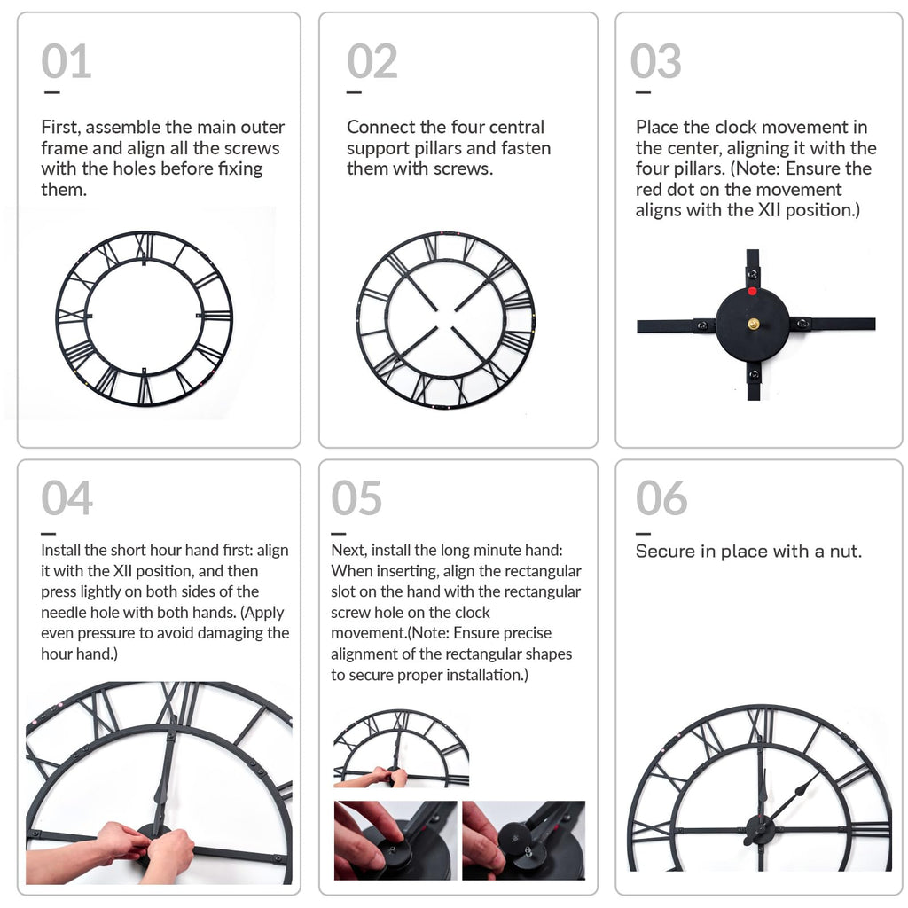 32 Inch Large Silent Wall Clock, Easy Assembly Roman Numeral Bronze
