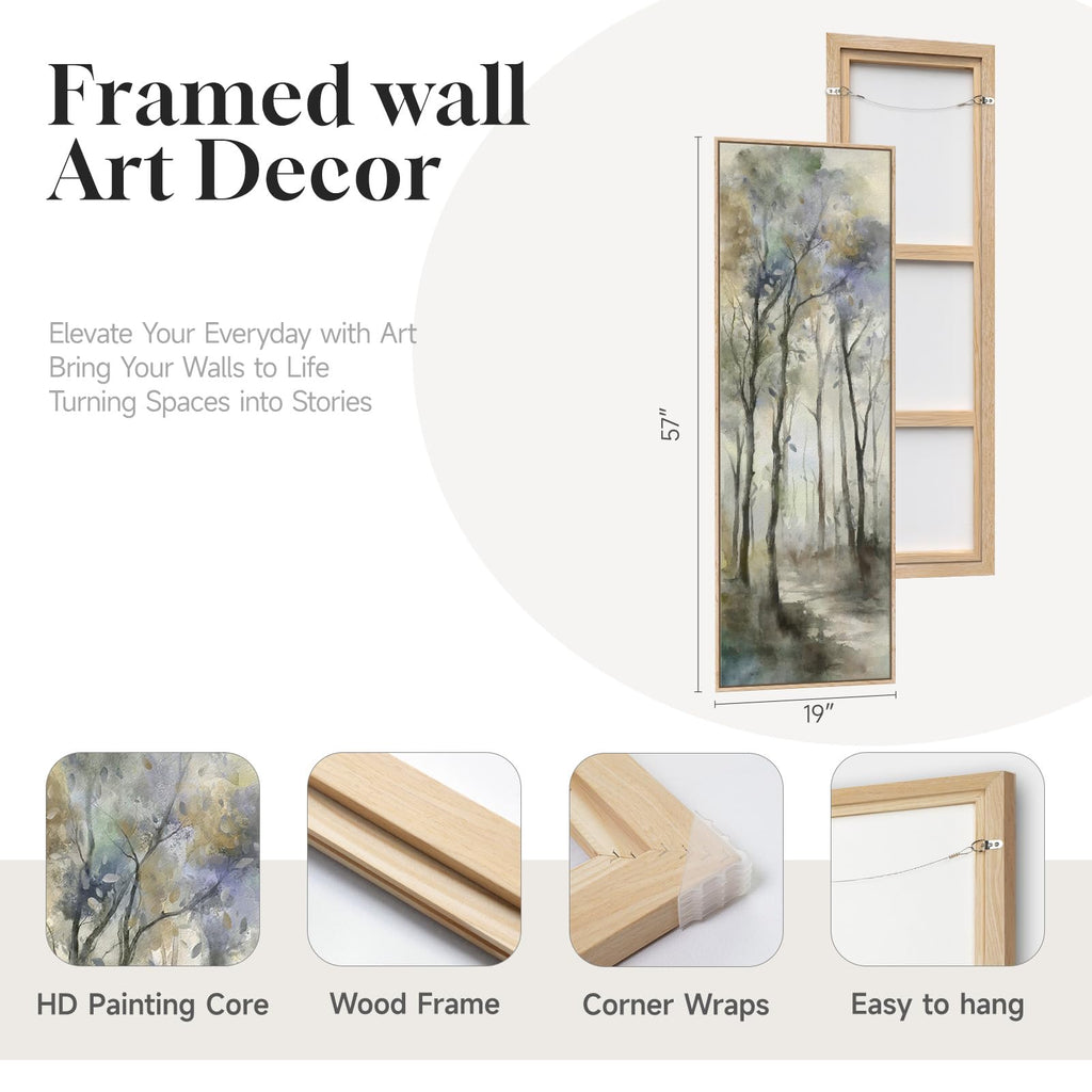Framed Long Narrow Abstract Forest Landscape Vertical Wall Art, 18x56 Inch