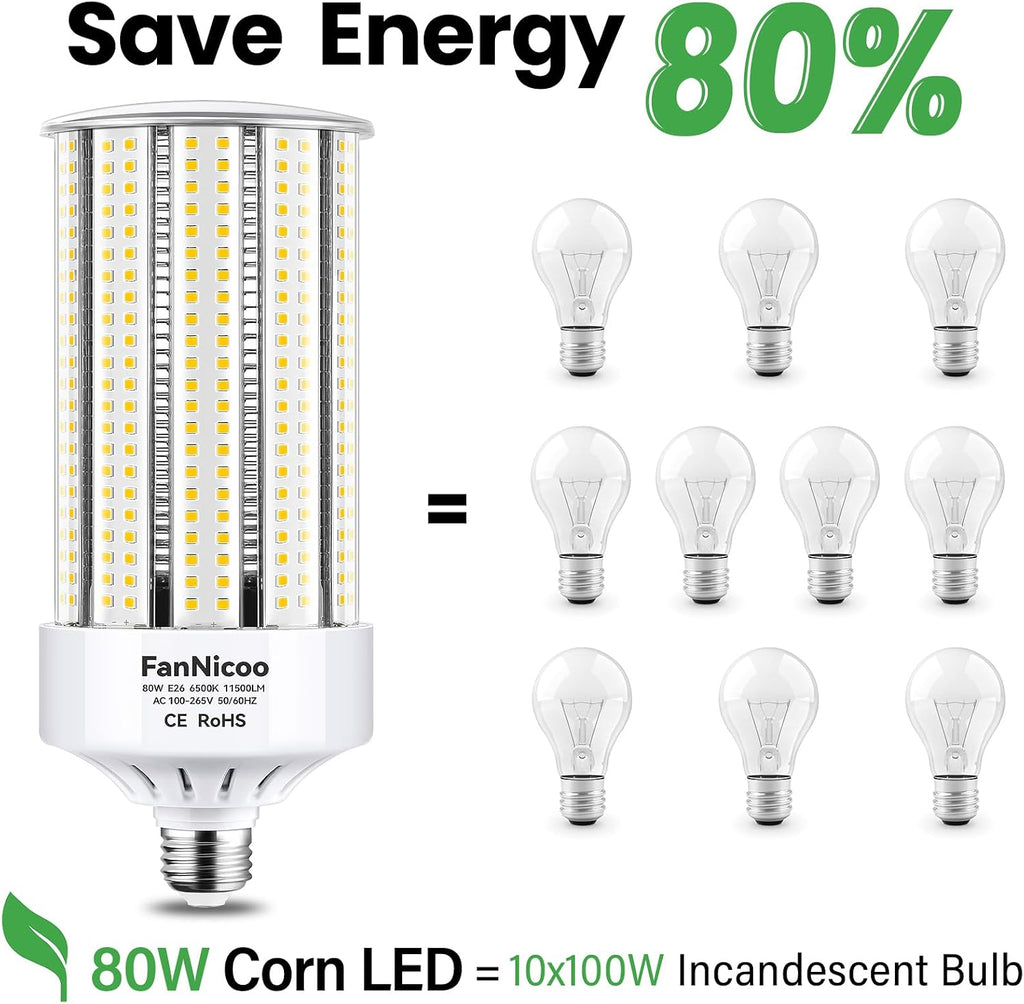 2 Pack 1000W Equivalent Led Corn Bulb Super Bright 11500 Lumen 6500K Daylight White 80W Corn Light Bulb E26/E39 Base
