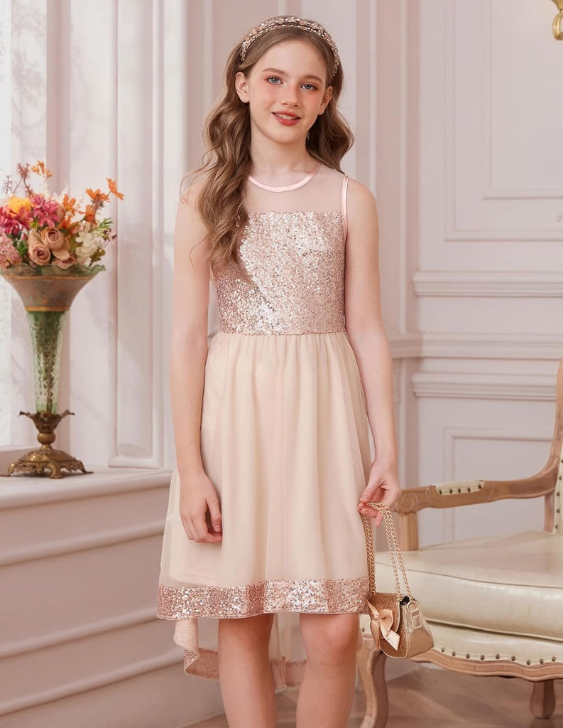Girls Sequin Party Formal Dress Wedding Guest Sparkle Fancy Birthday Tulle High Low Prom Dresses