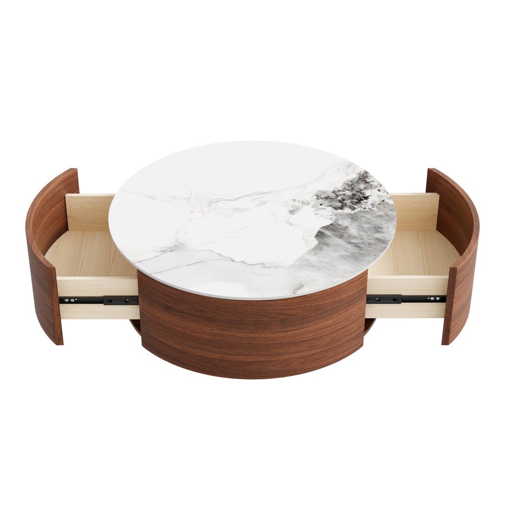29.5'' Round with 2 Drawer Storage & Smooth-Moving Casters, Modern Fluted Wood, Sintered Stone Marble Pattern Top &