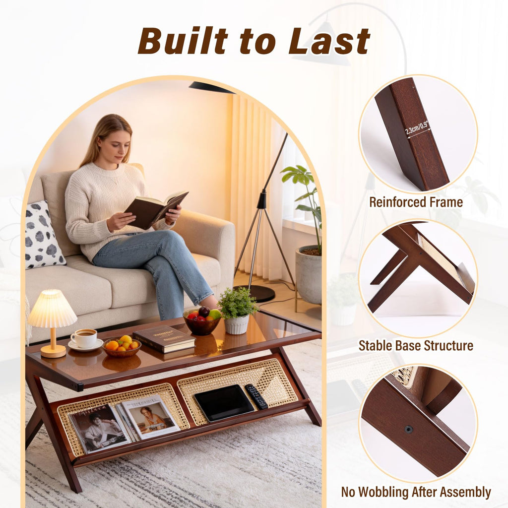 Brown Rattan Coffee Table, Bamboo Glass Top Table with Storage