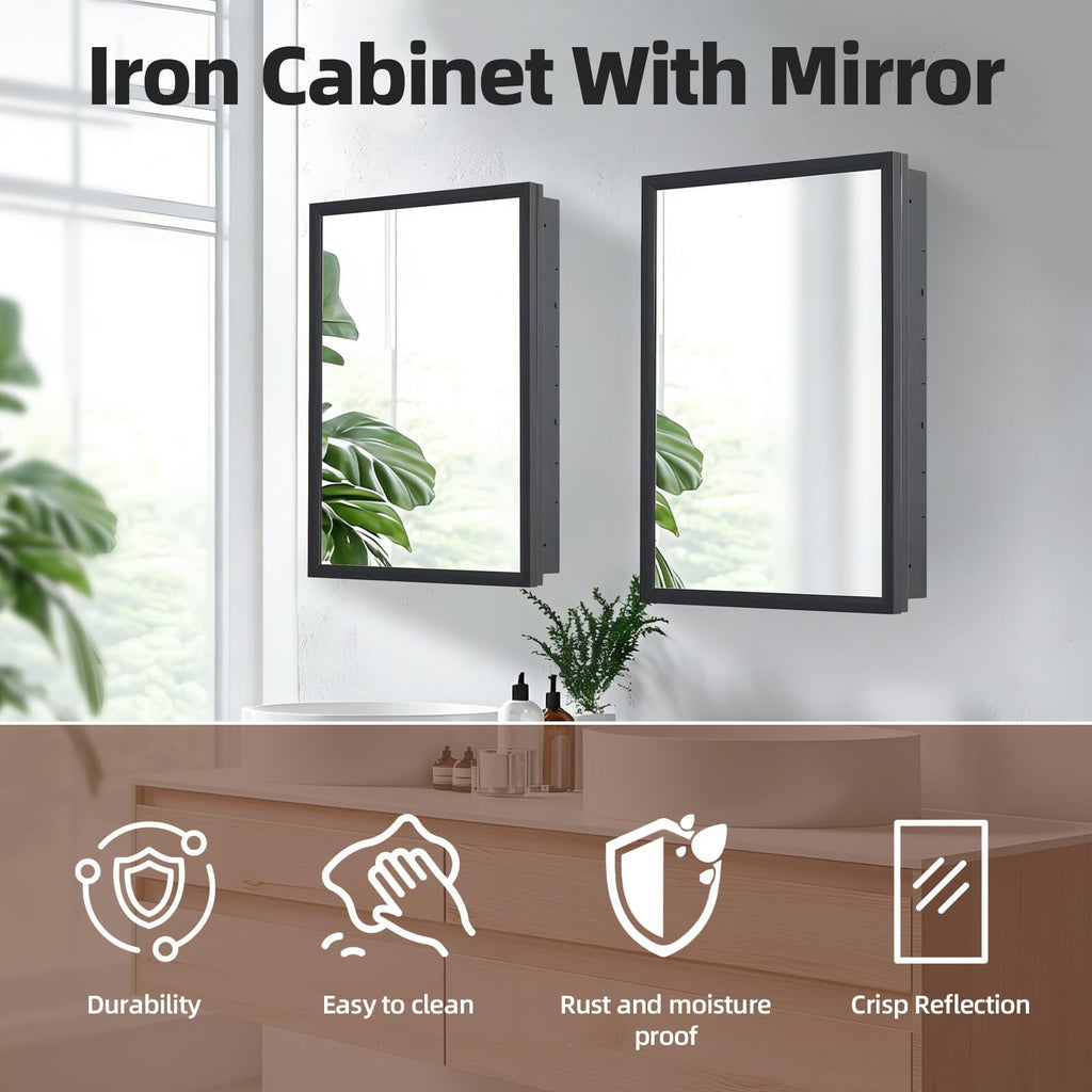 Medicine Cabinet with Mirror, Black Metal Mirror Cabinet with Adjustable Shelf, Iron Medicine Cabinet Bedroom