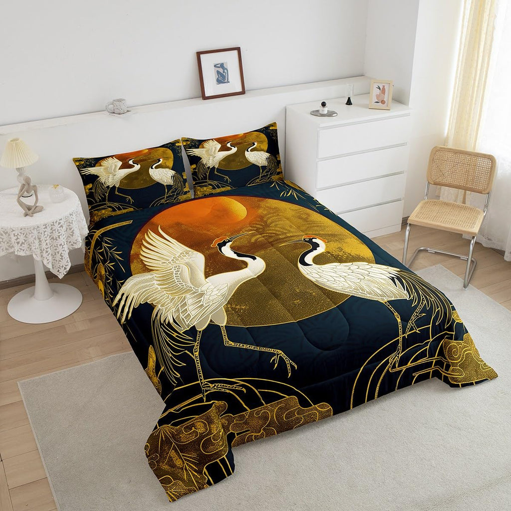 Japanese Crane Comforter Set Full Size, Gold Sun Cloud Stripes Bedding Sets 3Pcs, Retro Ukiyoe Bamboo Leaf Print Quilt