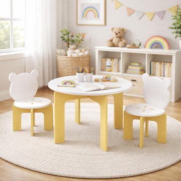 Piece Kids Table and Chair Set, Modern Wooden Toddler Table and 2 Cute Bear-Back Chairs, Round Activity Table Set