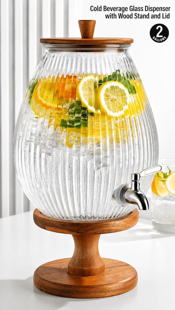 2 Gallon Drink dispenser, With Wood Stand, Large Water Drink Dispensers for Parties With Stainless Steel Spigot