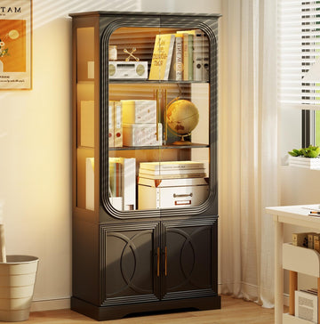 69 in Tall Display Cabinet with Glass Doors, LED Lights | 5 Tier Modern LED Display Bookcase Storage Cabinet, Human