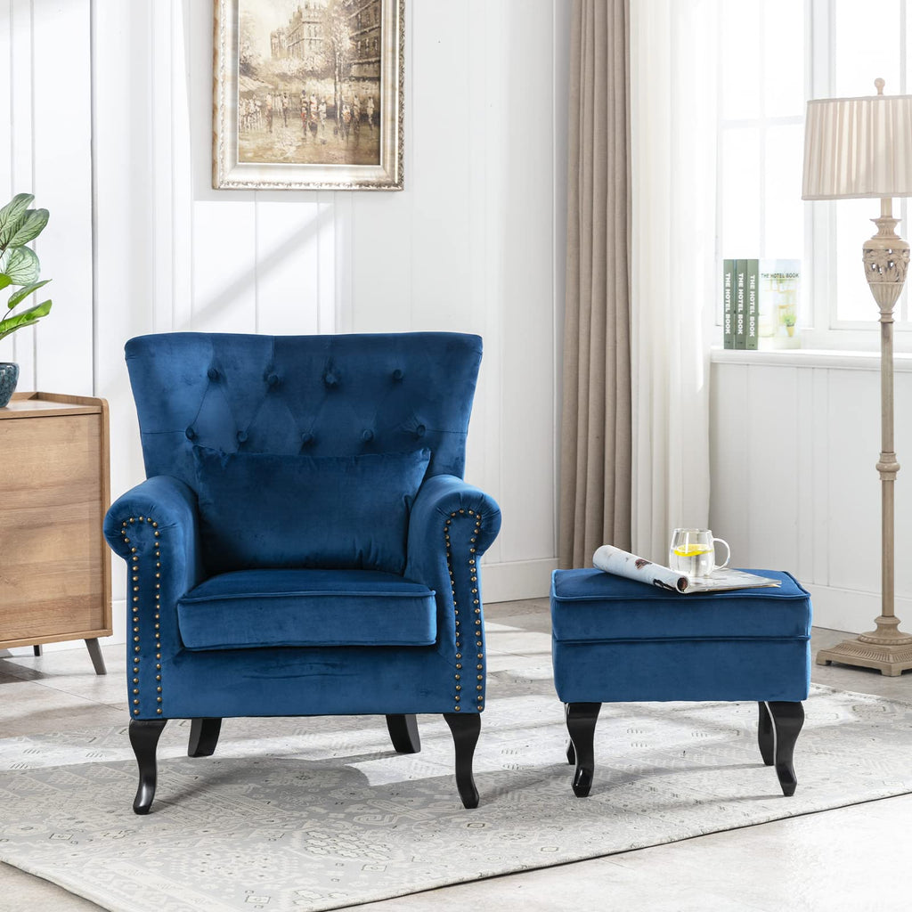 Mid Century Modern Accent Chair Upholstered Armchair Comfy Velvet Tufted Wingback Single Sofa with Ottoman Living