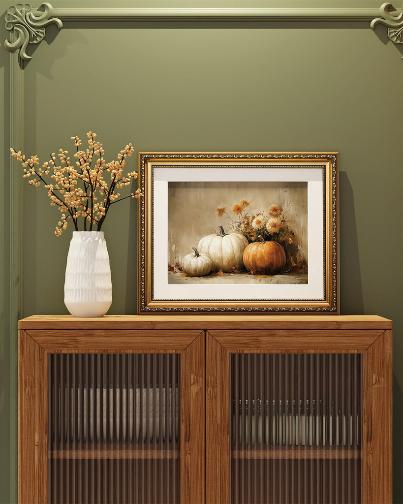 Gold Framed Canvas Wall Art, Autumn Pumpkin Art Prints, Fall Harvest Decor for Living Dining Room Kitchen Fireplace