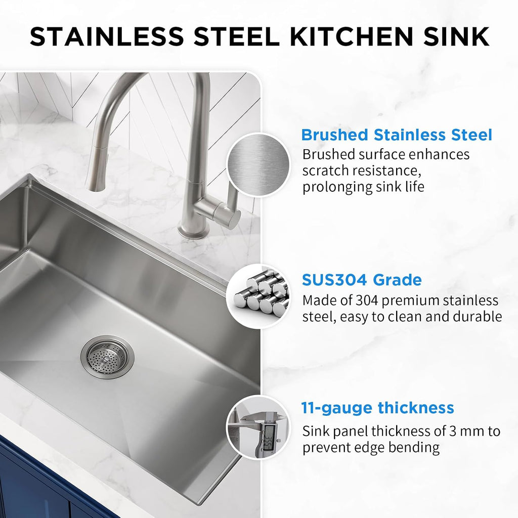 32 Inch Undermount Kitchen Sink - 11 Gauge (3mm) Stainless Steel, Single Bowl with Integrated Ledge, Superior Drain