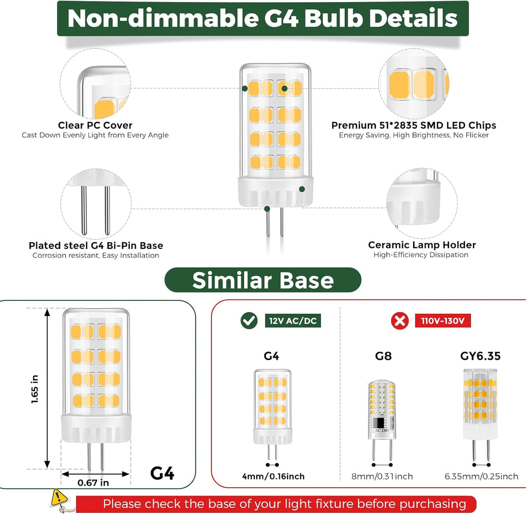 G4 LED Bulb 4W 480LM 2700K Warm White, 12V AC/DC, 360° Beam Angle, T3 Halogen Replacement, High-Efficiency Ceramic