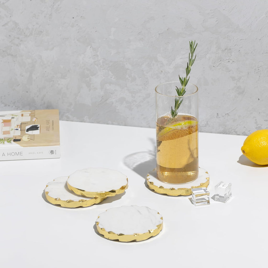 Real Marble Coasters with Golden Borders, decoratice White & Gold Coasters for Desk, Coffee Table | Thick & - Set of 6