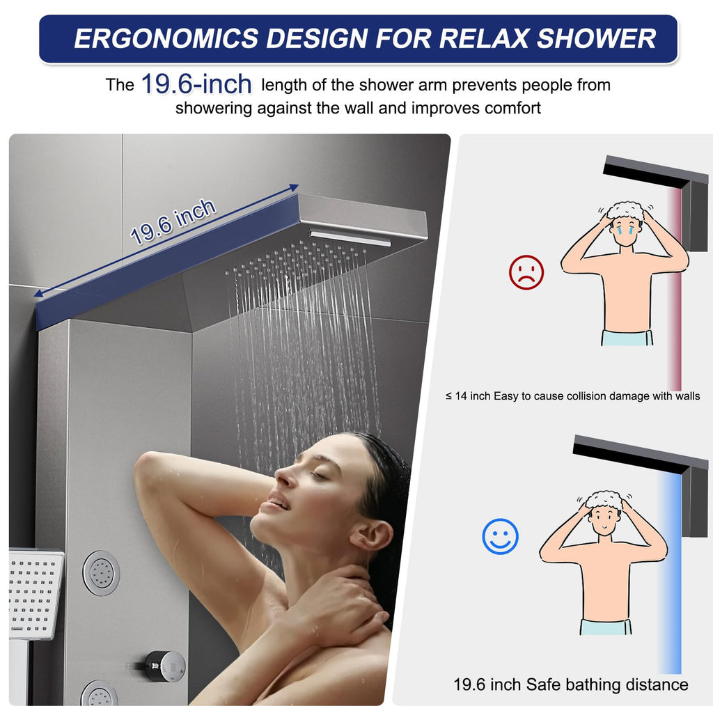 4-in-1 Rainfall Waterfall Shower Panel Tower System, Brushed Finish